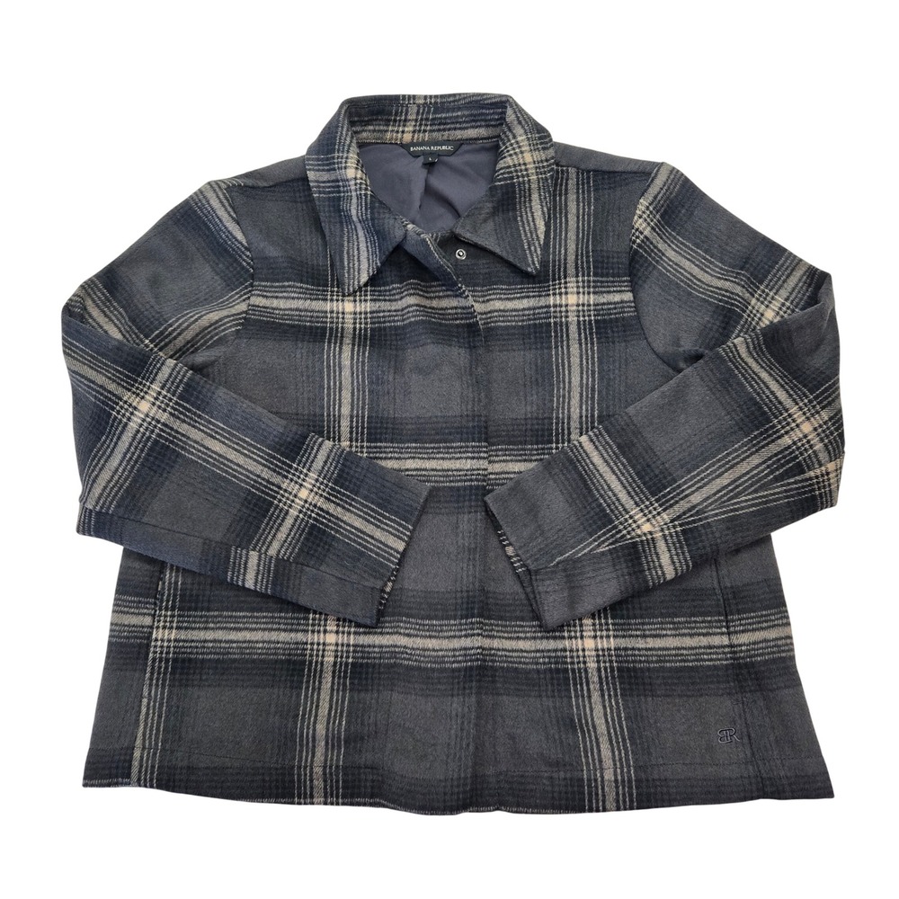 Banana Republic Womens Grey Plaid Lined Snap Front Shirt Jacket Shacket L Fall
